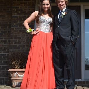 Peach coral beaded strapless long prom dress